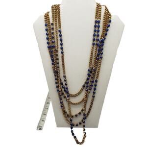 Multilayered Gold Toned Chain with Blue Accent Pieces Necklace Costume